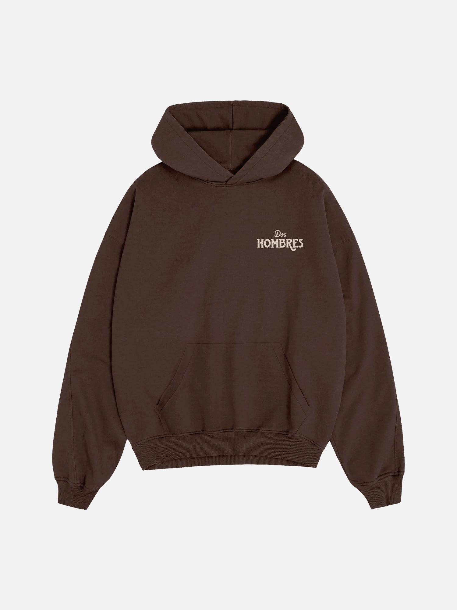 Dos Hombres Chocolate Hoodie. Front.